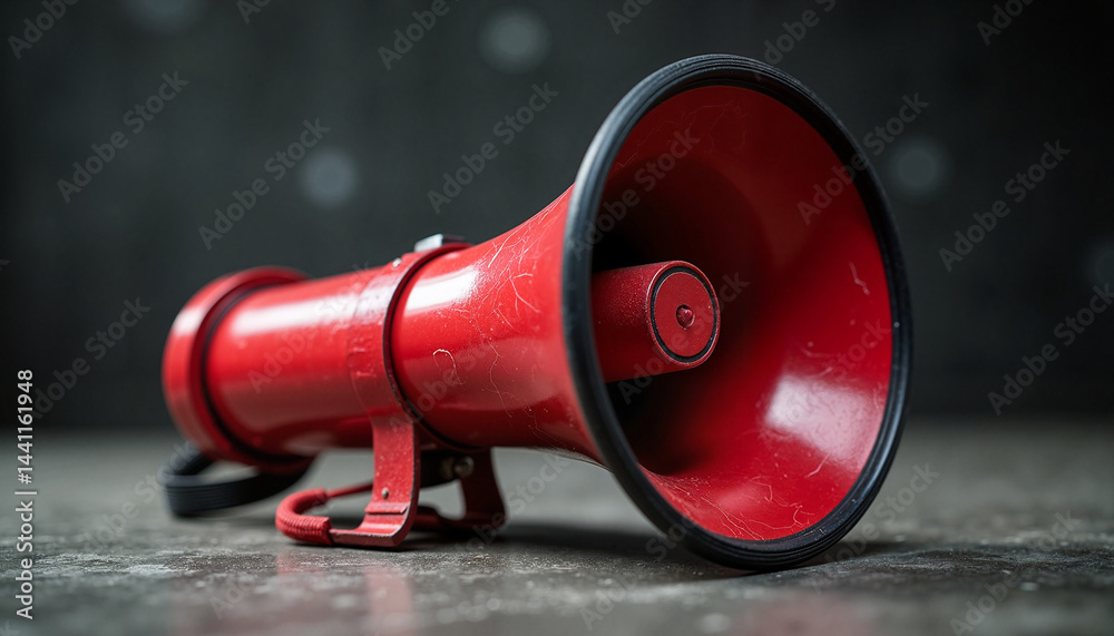 Red megaphone on dark textured background, Black Friday