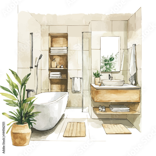 Luxury Modern Bathroom, vector watercolor illustration, isolated on a white background.