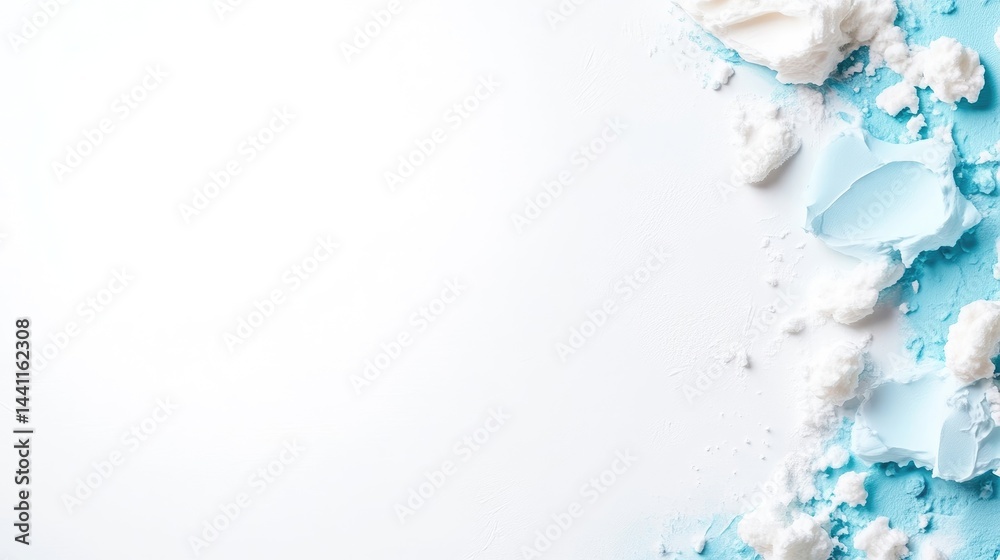 Fototapeta premium Crushed Meringues Blue Background Minimalist Clean Photography High Resolution Horizontal Texture Shot Food Styling Pastel Blue Tones Perfect for Baking Blogs