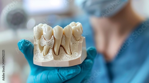 Dentist holding a model of a tooth with a dental crown on top photo