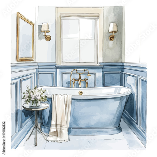 illustration of Luxurious Bathroom Interior, watercolor vector, isolated on a white background.