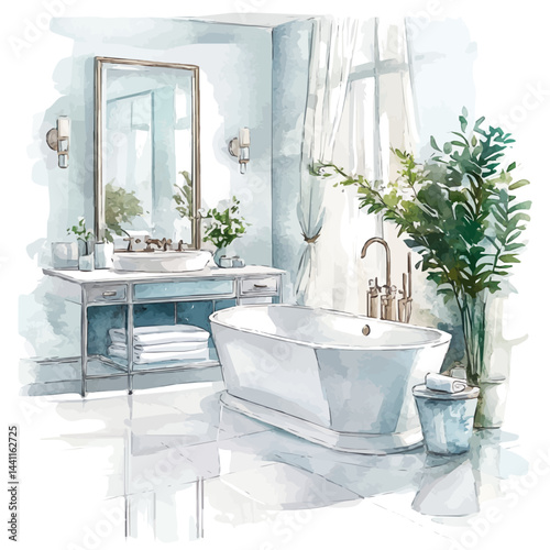 watercolor of Luxurious Bathroom Interior, vector, isolated on a white background.
