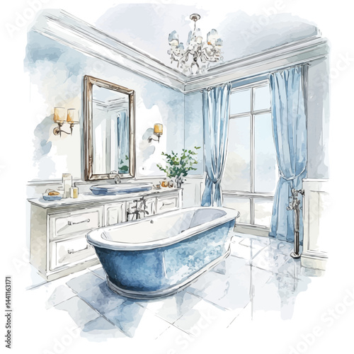 Luxurious Bathroom Interior, watercolor vector, isolated on a white background.