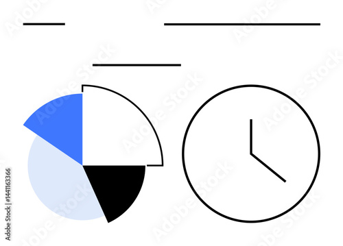 Pie chart divided into segments beside a simple clock with bold lines, conveying time analysis and productivity themes. Ideal for business, planning, research, efficiency, scheduling, focus, flat