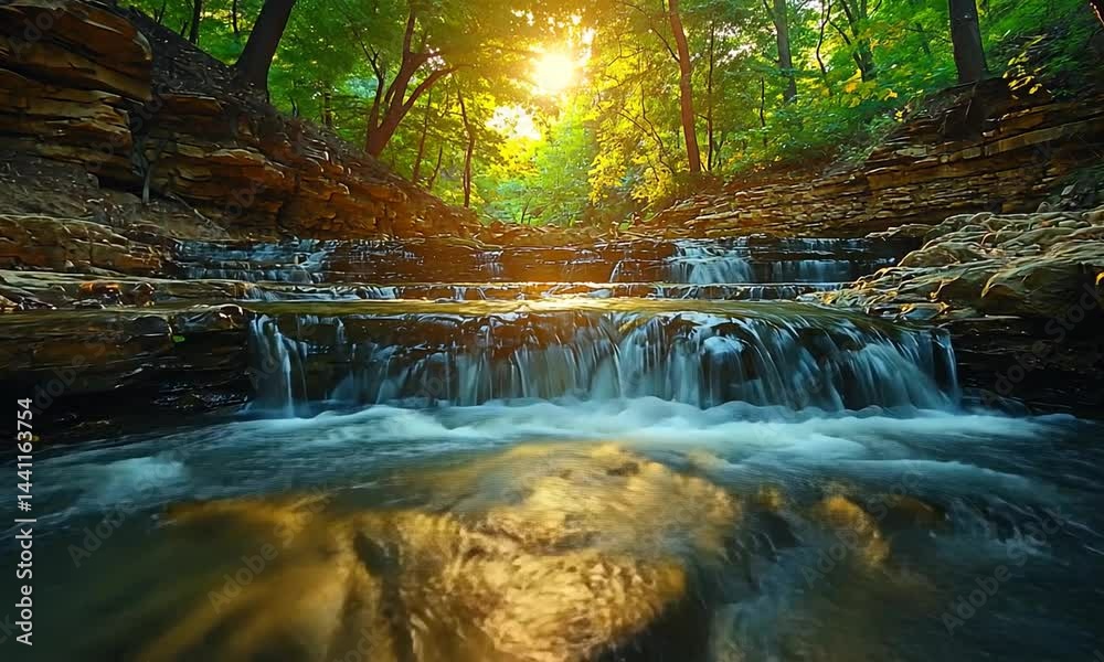 Serene river flowing through lush greenery at sunset, capturing nature's tranquility Serene river flowing through lush greenery at sunset, capturing nature's tranquility