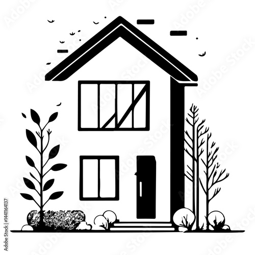 Stylized monochrome residence illustration showcasing simple architectural form and nature elements