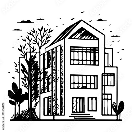 Stylized Architectural Illustration of a Modern Home with Natural Surroundings