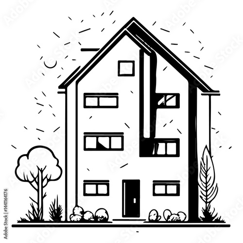 Detailed monochrome line drawing showcasing a two-story residential house facade
