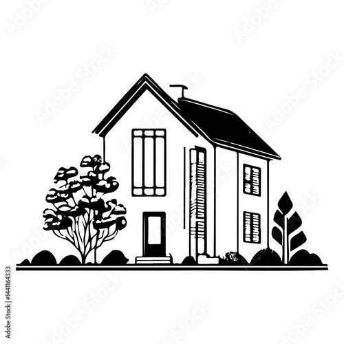 Stylized monochromatic illustration depicting a quaint house amidst nature