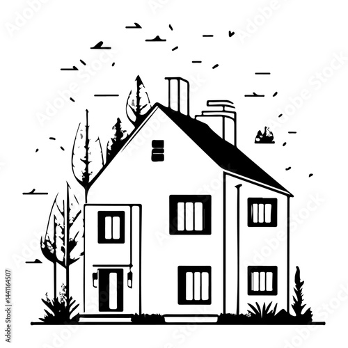 Stylized residential house amidst nature, presented in a minimalist vector graphic illustration