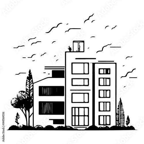 Minimalist cityscape illustration featuring modern architecture and nature elements