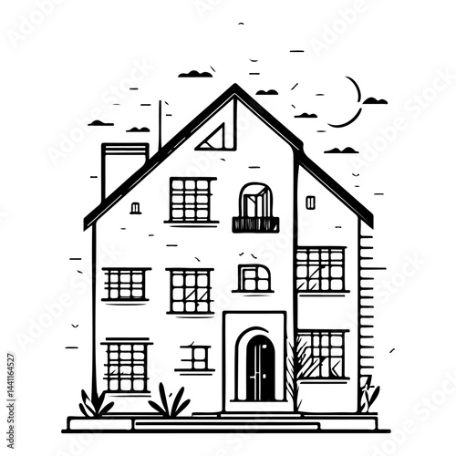 Detailed line drawing of a multistory house under a stylized moonlit sky landscape