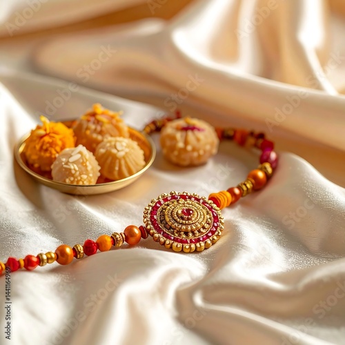 Minimal Image of Rakhi and Indian Sweets on Silk Cloth for Raksha Bandhan Poster