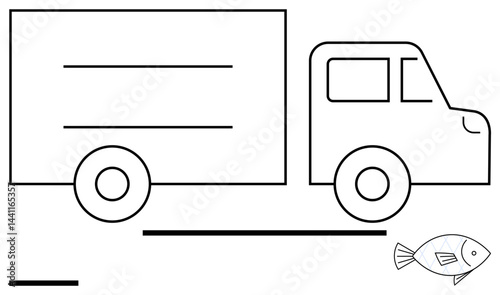 Outline of a truck driving forward, isolated fish sketch nearby. Ideal for transportation, delivery, logistics, shipping, simplicity, aquatic themes, and a simple landing page