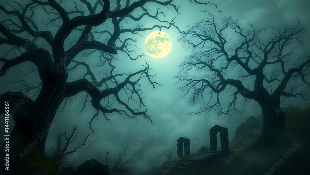 Spooky Moonlit Forest Nightscape: Eerie Silhouettes, Mystical Graveyard, and Haunting Ruins Spooky Moonlit Forest Nightscape: Eerie Silhouettes, Mystical Graveyard, and Haunting Ruins