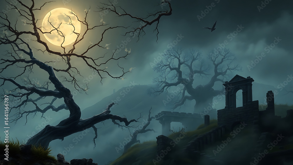 Fototapeta premium Haunted Forest Ruins Under a Moonlit Sky: A Spooky Nighttime Mystical Landscape