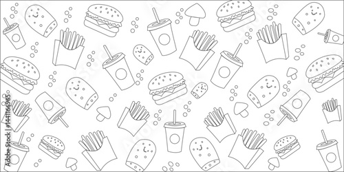 Hand drawn doodle pattern of various fast food items including burgers fries drinks and snacks representing junk food culture restaurant menu and food industry background design