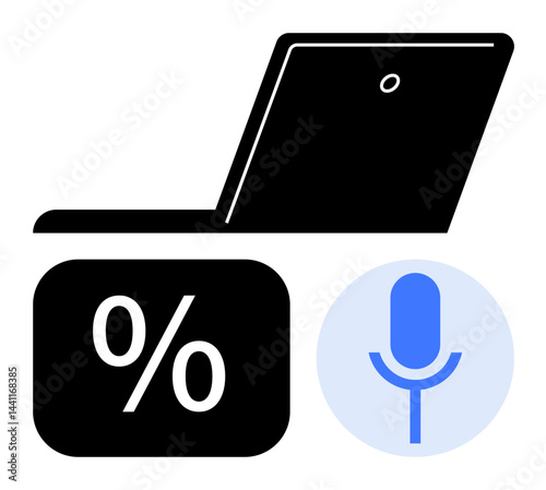 Laptop tilted open, bold percentage logo, and microphone on light blue circle. Ideal for analytics, technology, voice recognition, sales, communication education AI. Flat simple metaphor