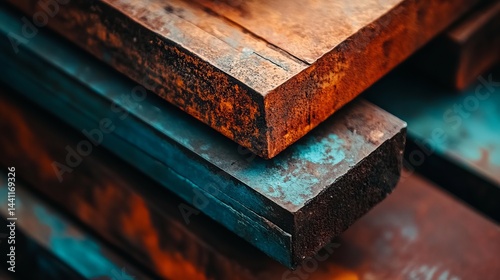 Rustic Stacked Wooden Beams Teal Patina Abstract Texture Background Industrial Design Element Vintage Aged Wood Dark Brown Orange Blue Grunge Weathered Timber Beams Closeup Photography old iron metal 