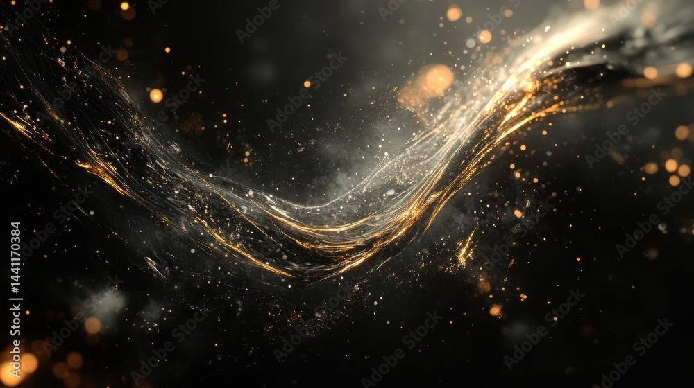 Obraz premium Abstract golden energy flow in dark space, with glittering particles, ideal for modern design use