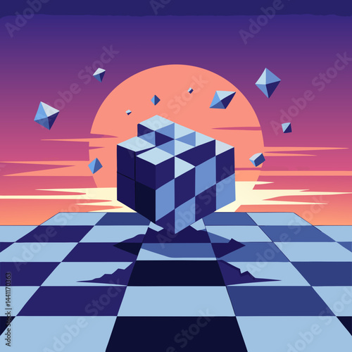 A chess board featuring a mountain at the center, surrounded by clouds in a blue sky backdrop.