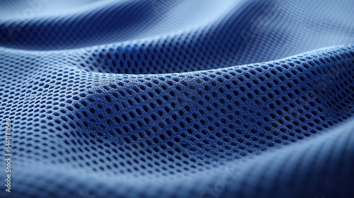 Blue, wavy, perforated fabric texture close up background