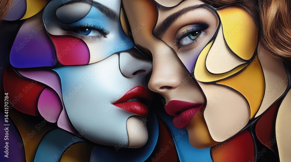 Two striking faces blend harmoniously with vivid, abstract shapes and colors creating a captivating visual narrative of beauty, emotion, and artistic creativity Two striking faces blend harmoniously with vivid, abstract shapes and colors creating a captivating visual narrative of beauty, emotion, and artistic creativity