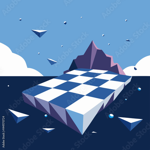 A chess board featuring a mountain at the center, surrounded by clouds in a blue sky backdrop.