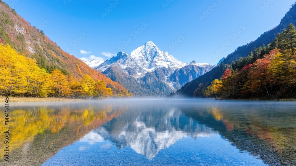 Obraz premium Mountain Lake Autumnal Reflections Vivid Landscape High-resolution Wide Angle Misty Serenity Peaceful Scene Vibrant Colors Ideal for Travel Brochures extra details included