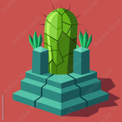 A cactus perched on a stone pillar against a blurred background.
