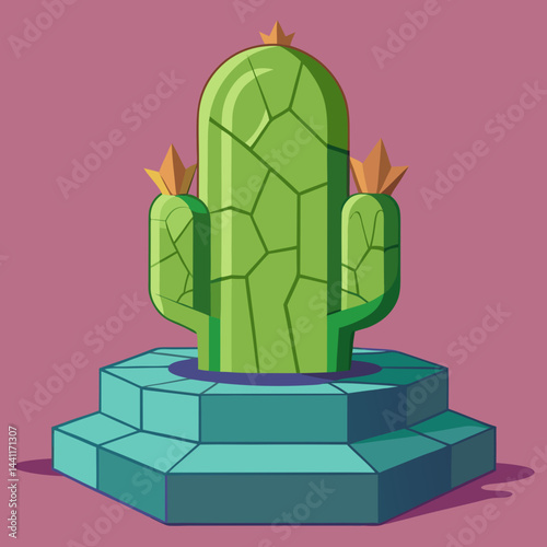 A cactus perched on a stone pillar against a blurred background.