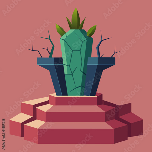 A cactus perched on a stone pillar against a blurred background.