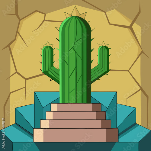 A cactus perched on a stone pillar against a blurred background.