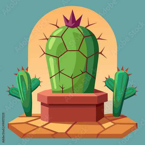 A cactus perched on a stone pillar against a blurred background.