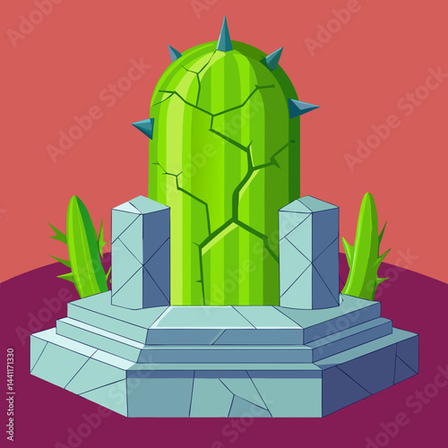 A cactus perched on a stone pillar against a blurred background.