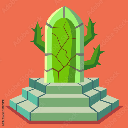 A cactus perched on a stone pillar against a blurred background.