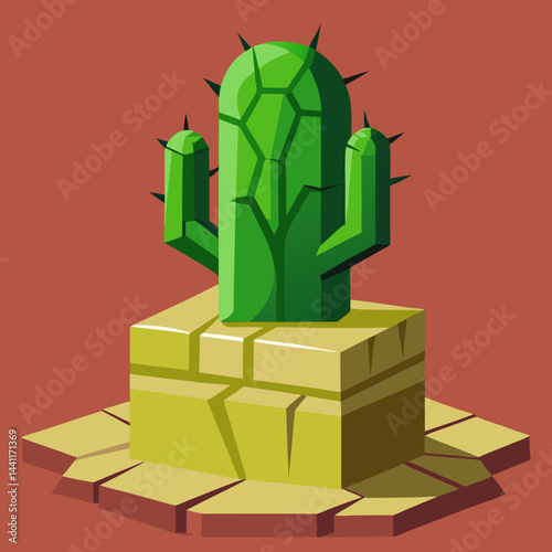 A cactus perched on a stone pillar against a blurred background.