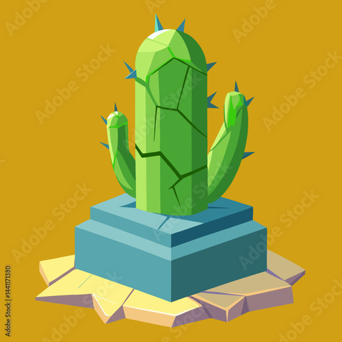 A cactus perched on a stone pillar against a blurred background.