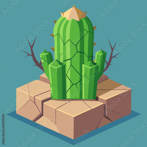 A cactus perched on a stone pillar against a blurred background.