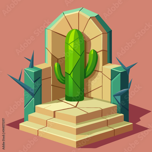 A cactus perched on a stone pillar against a blurred background.