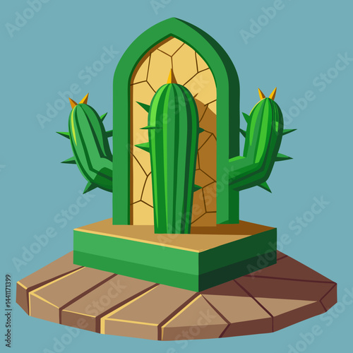 A cactus perched on a stone pillar against a blurred background.