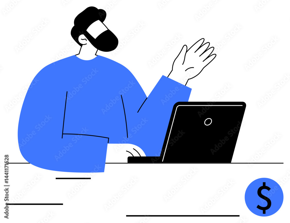 Man gesturing while sitting at desk with laptop, emphasizing interaction. Ideal for communication, finance, business, technology, remote work, e-learning customer support. Flat simple metaphor Man gesturing while sitting at desk with laptop, emphasizing interaction. Ideal for communication, finance, business, technology, remote work, e-learning customer support. Flat simple metaphor