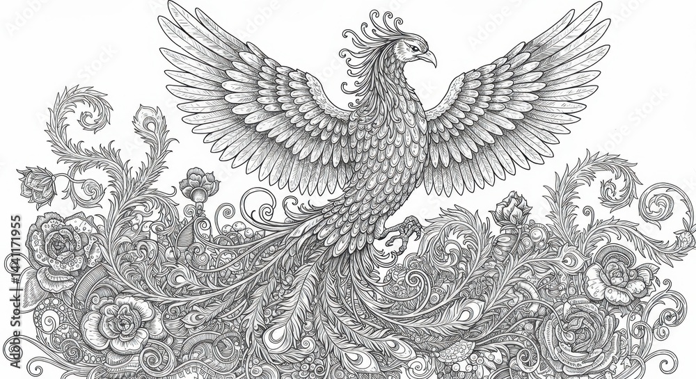 Fototapeta premium Phoenix Rising from Mystical Flowers