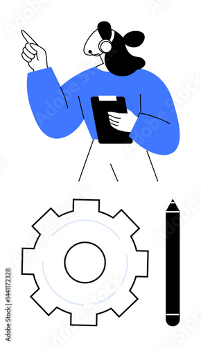 Female agent gesturing, holding clipboard with headset, gear symbolizing process, pencil for creativity. Ideal for customer service, teamwork, planning, communication, creative thinking technology