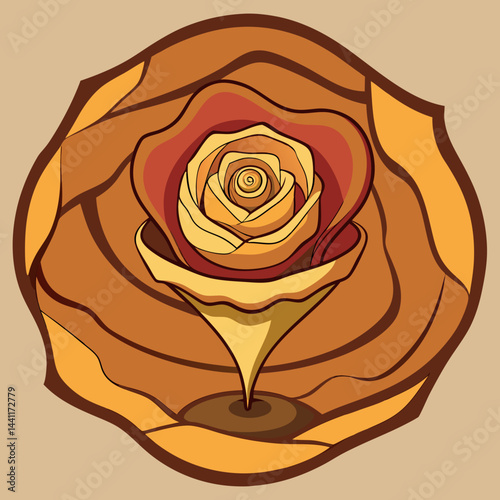 A rose surrounded by a circle featuring a vibrant yellow and red center.