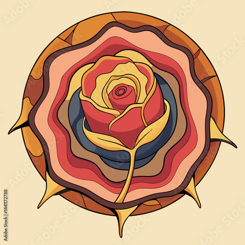 A rose surrounded by a circle featuring a vibrant yellow and red center.