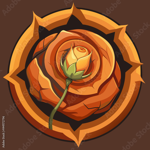 A rose surrounded by a circle featuring a vibrant yellow and red center.