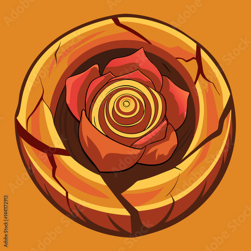 A rose surrounded by a circle featuring a vibrant yellow and red center.