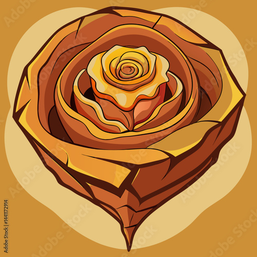 A rose surrounded by a circle featuring a vibrant yellow and red center.