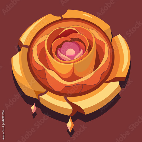A rose surrounded by a circle featuring a vibrant yellow and red center.